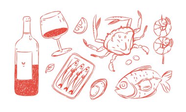 Balık, yengeç, karides ve şarapla hazırlanmış Akdeniz deniz ürünleri. El çizimi pastel boya koleksiyonu menü tasarımı, restoran markalaşması ve yaz yemeği kavramları için mükemmel.