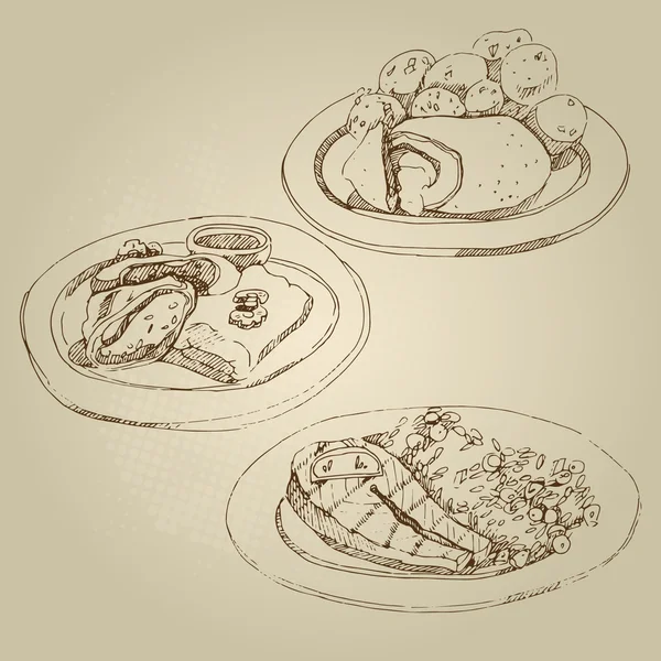 Vector hand drawn food sketch Russian national traditional kitchen cutlet Kiev and stewed potatoes, cabbage rolls, stuffed cabbage, salmon, lemon, rice with vegetables.