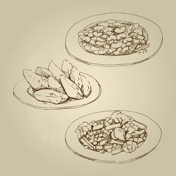 Vektorové Ručně Kreslené Jídlo Skica Fazole Haricot Puntík Polka Brokolice — Stock fotografie