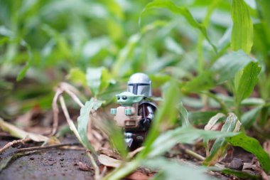 Yeşil çimlerin arasında duran mandalorian ve grogu 'nun (yıldız savaşları) küçük bir lego figürü..