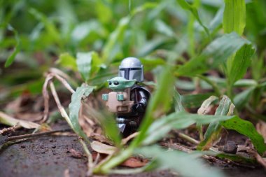 Yeşil çimlerin arasında duran mandalorian ve grogu 'nun (yıldız savaşları) küçük bir lego figürü..