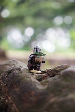 Lego Mandalorian ve Grogu minyatür figürleri ağaçların arka planında bir ağaç gövdesinin tepesinde.