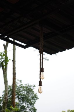 Yanmayan sarı bir lamba ve ağaçlardan oluşan yeşil bir halatla asılmış.