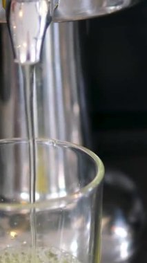 Sabah saatlerinde sıcak bir mutfak ortamında meyve sıkacağından taze sıkılmış portakal suyu dökülüyor. Yüksek kalite 4k görüntü