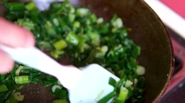 Ispanaklı turta yapmak, adım adım video yapmak hamur yapmak, ıspanak pişirmek, yumurta eklemek, pişmiş turtayı kesmek, tam tarif. Yüksek kalite 4k görüntü