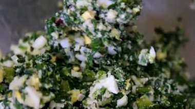 Ispanaklı turta yapmak, adım adım video yapmak hamur yapmak, ıspanak pişirmek, yumurta eklemek, pişmiş turtayı kesmek, tam tarif. Yüksek kalite 4k görüntü