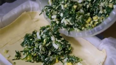 Ispanaklı turta yapmak, adım adım video yapmak hamur yapmak, ıspanak pişirmek, yumurta eklemek, pişmiş turtayı kesmek, tam tarif. Yüksek kalite 4k görüntü