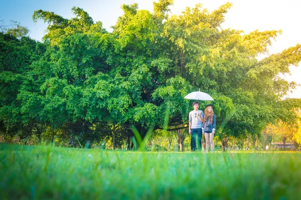 Casal de pé guarda-chuva branco Página verdejante árvores — Fotografia de Stock