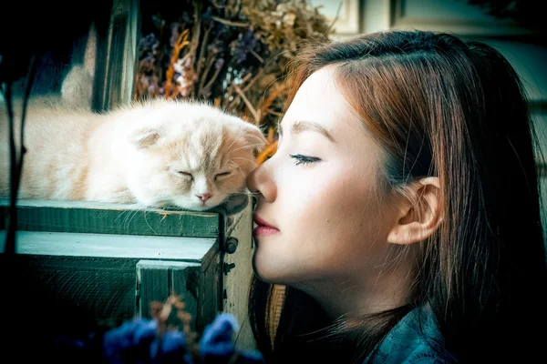 Sevimli kedisi olan küçük bir kız. . — Stok fotoğraf