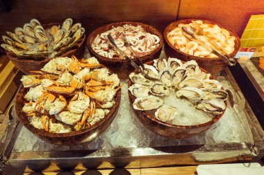 Deniz ürünleri, midye, kalamar, yengeç, istiridye, karides büfe set ,