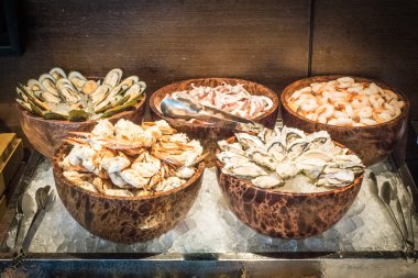 Deniz ürünleri, midye, kalamar, yengeç, istiridye, karides büfe set ,