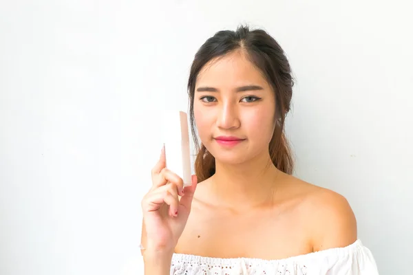 Girl with perfume, young beautiful woman holding bottle of perfu — Stock Photo, Image