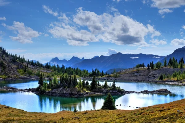 Pequeño lago alpino con isla y reflejo . — Foto de Stock