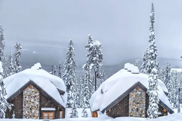 Taze Karla Kaplı Sıcak Tatil Kulübeleri Büyük Beyaz Kayak Tesisi Stok Fotoğraf