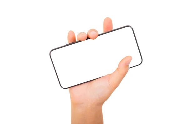 Love Hand Κρατώντας Νέο Smartphone Πάνω Από Λευκό Φόντο Απομόνωση — Φωτογραφία Αρχείου