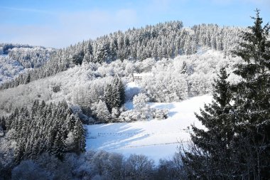 Ocak 2026 'da Dedenborn' da kış, Kuzey Eifel 'de, Almanya' nın Simmerath belediyesine bağlı bir köy.
