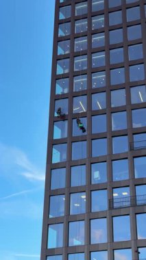 Bir iş merkezinin yüksek binasının camlarını temizleyen iki endüstriyel tırmanışçı. Yükseklik ve modern yapı konusunda tehlikeli bir çalışma.