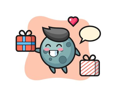 Göktaşı maskotu karikatürü hediyeyi veriyor. Tişört, çıkartma, logo elementi için şirin bir tasarım.