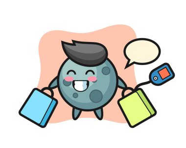 Asteroid maskot karikatürü bir alışveriş çantası tutuyor, tişört, çıkartma, logo elementi için şirin bir tasarım.