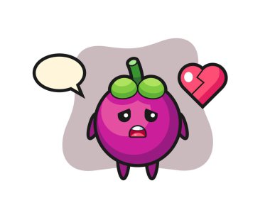 Mangosteen karikatür çizimi kırık kalp, tişört, çıkartma, logo elementi için şirin bir tasarım.
