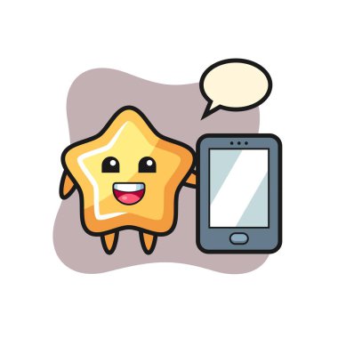Yıldız çizim karikatürü elinde akıllı telefon, tişört, etiket, logo elementi için şirin bir tasarım.