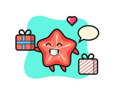 Deniz yıldızı maskotu çizgi filmi hediyeyi veriyor. Tişört, çıkartma, logo elementi için şirin bir tasarım.