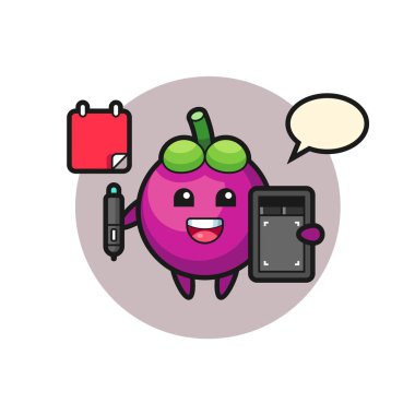 Mangosteen maskotunun grafiker olarak tasviri, tişört, çıkartma, logo elementi için şirin tasarım.