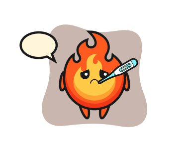 Ateş hastalığı olan ateş maskotu karakteri, tişört, çıkartma, logo elementi için şirin tasarım.