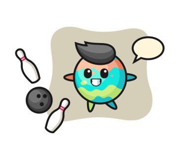 Banyo bombasının karakteri bowling oynuyor. Tişört, çıkartma, logo elementi için şirin bir tasarım.