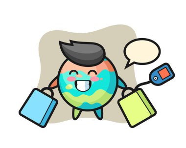 Banyo bombası maskotu elinde alışveriş çantası, tişört, çıkartma, logo elementi için şirin bir tasarım.