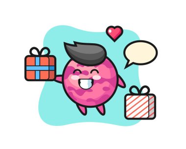 Dondurma kepçesi maskot çizgi filmi hediyeyi veriyor, tişört, çıkartma, logo elementi için şirin bir tasarım.