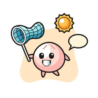 Et çöreği maskotu illüstrasyonu kelebeği yakalıyor. Tişört, çıkartma, logo elementi için şirin bir tasarım.