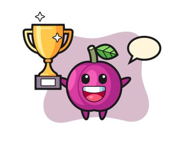 Erikli meyvelerin çizgi film çizimi altın kupayı kaldırmaktan mutlu, tişört, çıkartma, logo elementi için şirin bir tasarım.