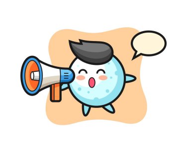 Tişört, çıkartma, logo elementi için megafon, şirin bir tasarım tutan kar topu karakteri çizimi