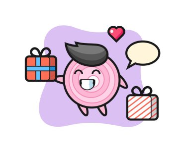 Soğan halkaları maskot karikatürü hediyeyi veriyor. Tişört, çıkartma, logo elementi için şirin bir tasarım.