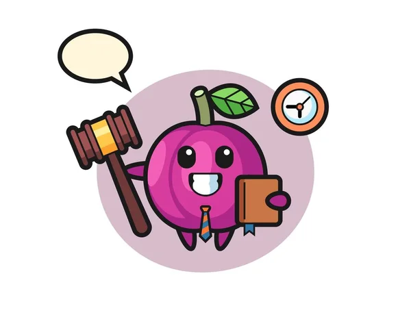 Desenho Animado Mascote Frutas Ameixa Como Juiz Design Estilo Bonito — Vetor de Stock