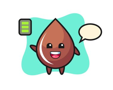 Çikolata damlası maskotu, enerjik bir jest, tişört, çıkartma, logo elementi için şirin bir tasarım.