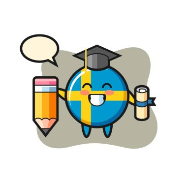 İsveç bayrağı tasviri, mezuniyet karikatürü dev bir kalemle, tişört, etiket, logo elementi için şirin bir tasarım.