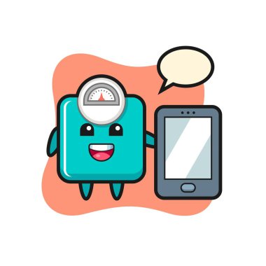 ağırlık ölçekli çizim karikatürü elinde akıllı telefon, tişört, etiket, logo elemanı için şirin bir tasarım.