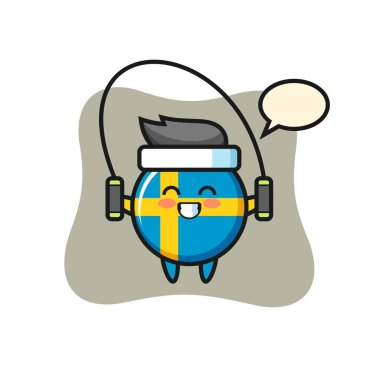 İsveç bayrağı rozet karikatürü, ip atlama, tişört, etiket, logo elementi için şirin tasarım.