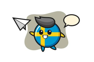 İsveç bayrağı karikatür karakteri kağıt uçak fırlatma, tişört, çıkartma, logo elementi için şirin tasarım