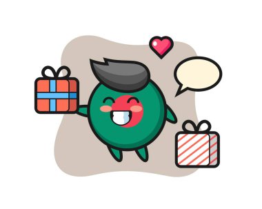 Bangladeş bayrak maskotu karikatürü hediyeyi veriyor, tişört, çıkartma, logo elementi için şirin bir tasarım.