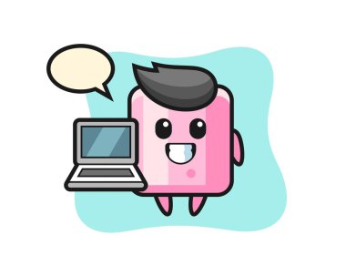 Dizüstü bilgisayarlı marşmelov maskotu tasarımı, tişört, etiket, logo elementi için şirin tasarım.