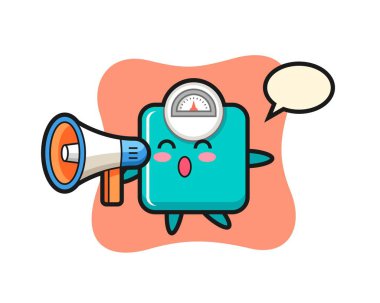 Tişört, etiket, logo ögesi için hoş bir tasarım, megafon tutan ağırlık ölçeği karakter çizimi