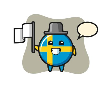 İsveç bayrağı rozeti taşıyan çizgi film karakteri, tişört, çıkartma, logo elementi için şirin bir tasarım.