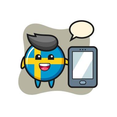 İsveç bayrağı çizim karikatürü elinde akıllı telefon, tişört, etiket, logo elementi için şirin bir tasarım.