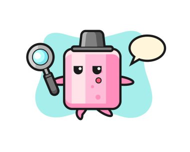 Marshmallow çizgi film karakteri büyüteçle arıyor, tişört, etiket, logo elementi için şirin bir tasarım.