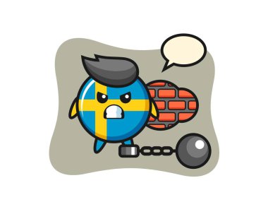 Tutuklu olarak İsveç bayrağı maskotu. Tişört, çıkartma, logo elementi için şirin bir tasarım.