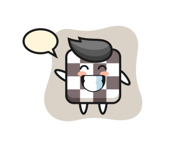 Satranç tahtası çizgi film karakteri el hareketi yapıyor. Tişört, etiket, logo elementi için şirin bir tasarım.