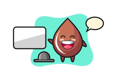 Çikolata damlası karikatür çizimi bir sunum yapıyor, tişört, etiket, logo elementi için şirin bir tasarım.